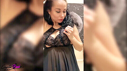 Crystal Rush pleases herself in a stunning dress and reaches a satisfying climax