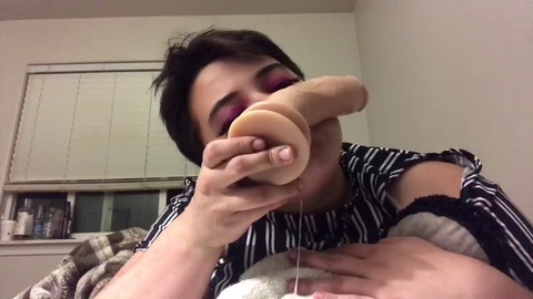 Adorable chubby femboy gagging and drooling over huge dildo