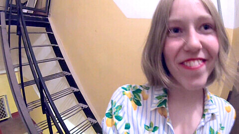 Unexpected elevator hookup with a charming Slavic schoolgirl with natural tits