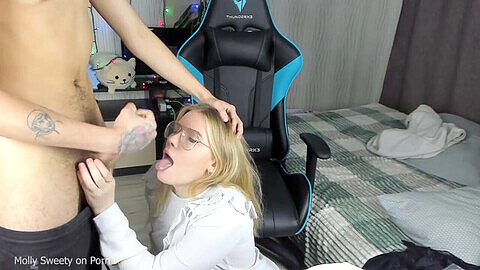 Molly Sweety shows her gratitude by giving a deep-throat blowjob after helping with lessons