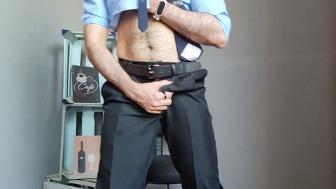 Hairy businessman Louis Ferdinando rubs one out in his office