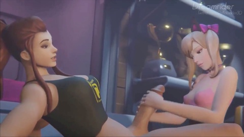 D.Va satisfies Futa Brigitte with a sensual hand job in Overwatch hentai scene