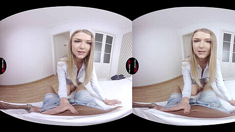 There's a stranger in my apartment! Lucy Heart gives a virtual blowjob in this hot VR video