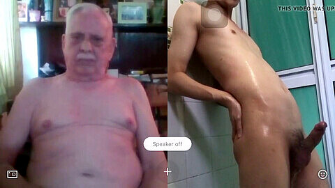 Silver grandpa showing cam, skype, chinese older man voyeur