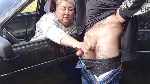 Femdom handjob, publicly, mature