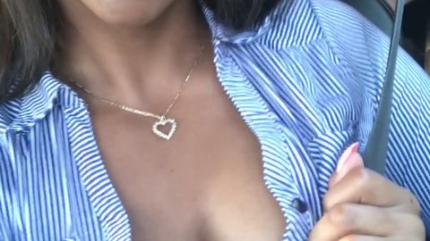 Black girl dances and flaunts her huge, natural tits while driving, getting groped and sucking nipples with pleasure!