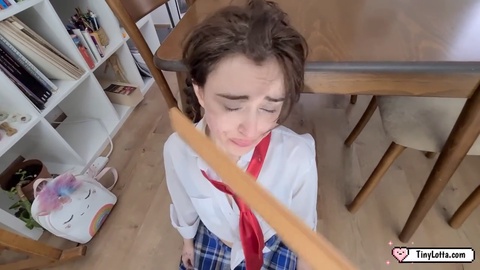 My teacher disciplined me with a messy punishment! Spanking, throat pissing, and rough sucking for cute student girl.