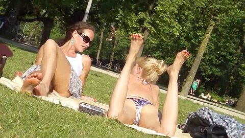 Lesbian feet, park, candid bikini feet