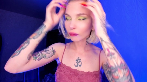 Ejaculating dildo blowjob, tatted blonde, pierced nipples solo