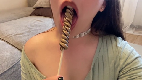From craving a lollipop to craving a throbbing erection! Massive load swallowed in sloppy deepthroat!