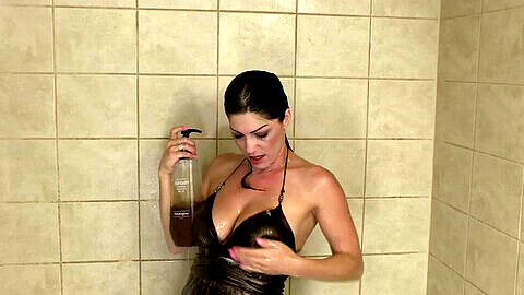 Wet bronze dress fetish in the shower