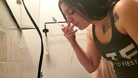 Peeping tom catches barely legal roomie with pierced nipples in the shower