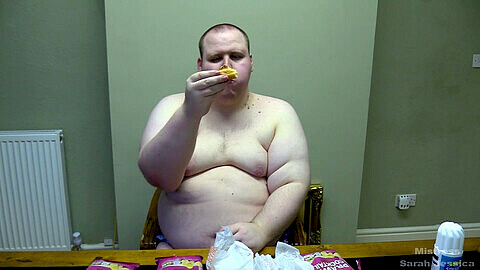 Sploshing, gaining weight, man stuffing belly