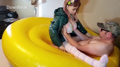 Kinky Elf Roleplay: Guy Fucks Shiny Down Jacket-Wearing Sex Doll on Huge Inflatable Raft