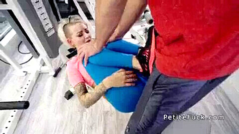 Slender blonde spinner gets pounded hard in her home gym by a big cock