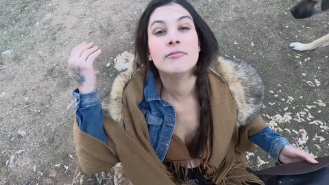 Choking hot stepmom gives outdoor blowjob and gets throat fucked