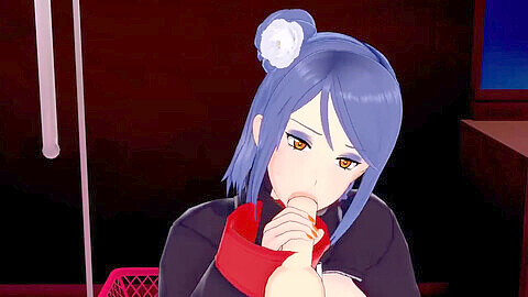 Busty Blue-haired Konan from the video game comes to life in this 3D anime POV, riding a suction dildo and other sex toys