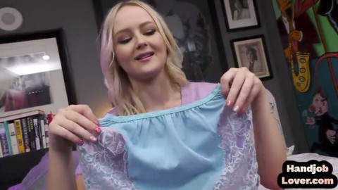 Closeup POV handjob from dirty talking blonde teen in panties who finishes the job and drains everything out