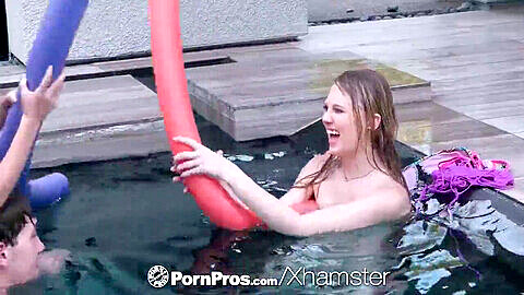 Two blondes, pool party blowjob, pool party
