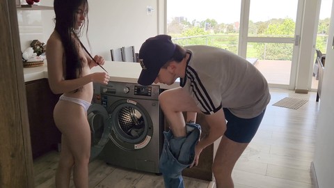 Stepbrother aids stepsister with washing machine, leads to hot sex in tight jeans