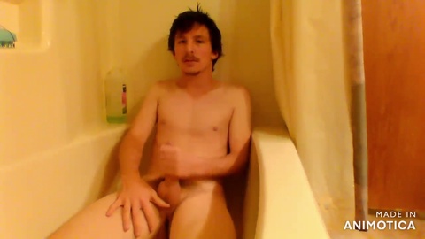 Big shaved balls, straight guy, bathtub masturbation