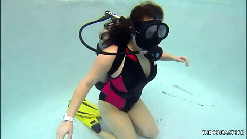 Gasmask, woman drowning underwater peril, scuba diving nude