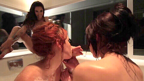 Tiny tits lesbians Elle Alexandra, Kayla Jane Danger, and Aiden Ashley lick each other's feet in the bath