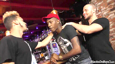 Interracial gay orgy at the pub with black studs sharing the bartender