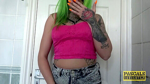 Naughty tattooed babe with vibrant green hair gets her juicy ass pounded