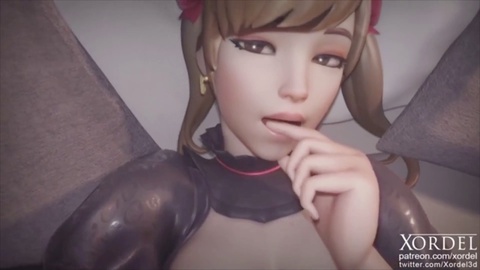 Black Cat D.Va from Overwatch fingers herself close up in this anime porn