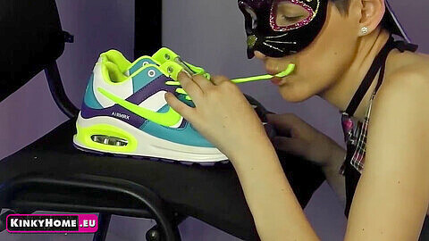 Foot slave, lesbian sneakers worship, shoe licking