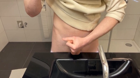 Bathroom creampie, solo male wanking, big dick jerking off
