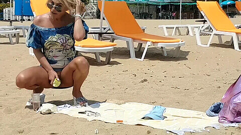 Beach, beach prostitute, topless blonde milf