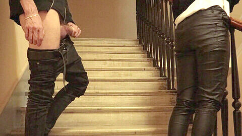 Teen leather pants, teen, stairs long