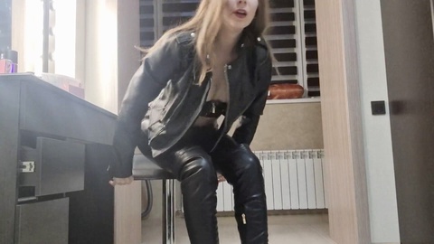 Skinny girl in leather suit wants you to jerk off with her using kinky adult toys