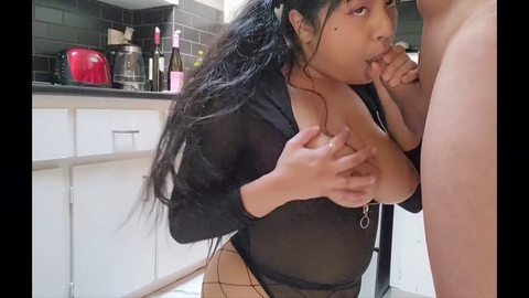 Big booty Latina gets her ass eaten on the kitchen table and surprised with a deepthroat cumshot!