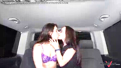 Naughty outdoor 4some in a moving van with Mea Melone & Wendy Moon ends with a creamy load on their juicy asses