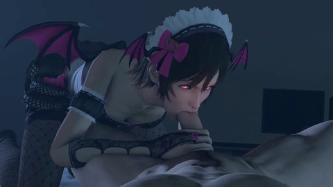 3D sex video game character Iris Amicitia transformed into a seductive succubus giving a deepthroat blowjob