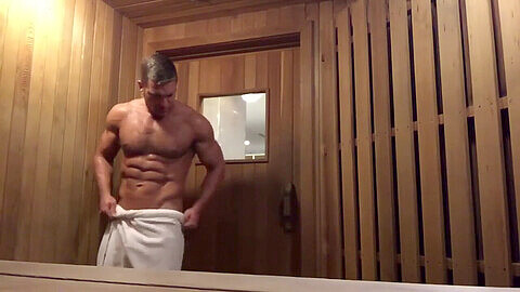 Gym sauna, gay sweat, exibitionist