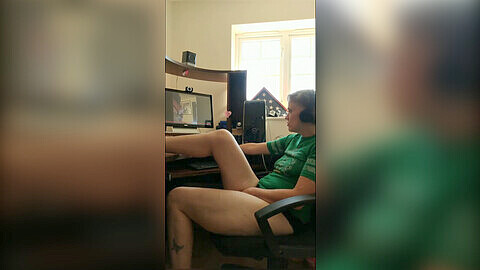 Masturbate to computer, quietly, chair masturbate