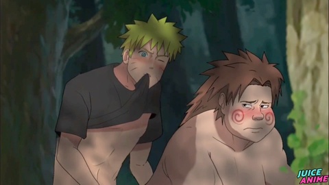 Chubby Choji lets his straight buddies Kiba and Naruto enjoy his generous rear - Bara Yaoi