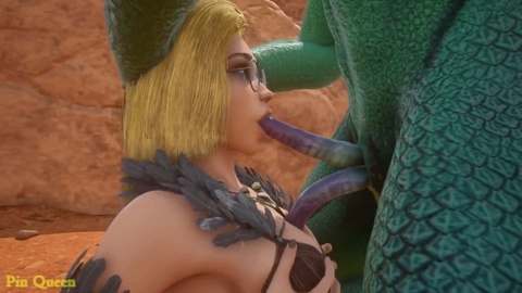 Horny argonian creature with dual spears pleasures a bespectacled blonde