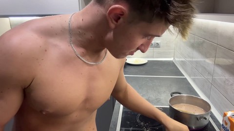 Cooking, blondie, gay handsome boy