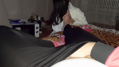 Sensual lesbian candy massages my legs while my girlfriend enjoys an erotic film and I pleasure myself